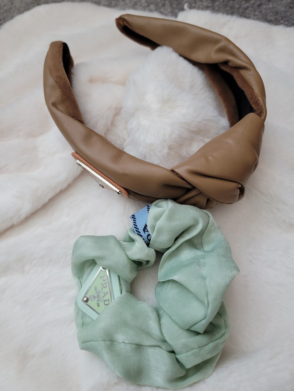 2pcs Mint Green Silk Scrunchie and Tan Leather Padded Headband